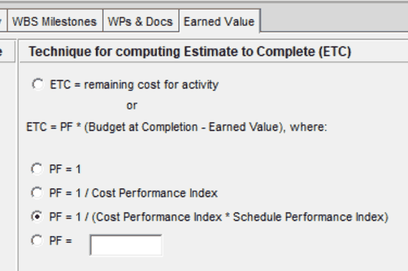 Primavera P6 Einstellungsmöglichkeiten für die Estimate to Complete Berechnung mit verschiedenen Performanzfaktoren
